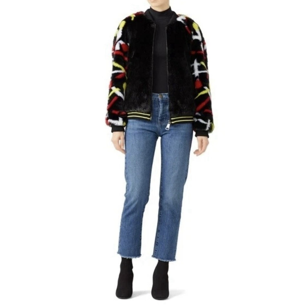 HEUREAH Real People Faux Fur Graphic Bomber Jacket Size Large Multicolor Pockets - Picture 2 of 13